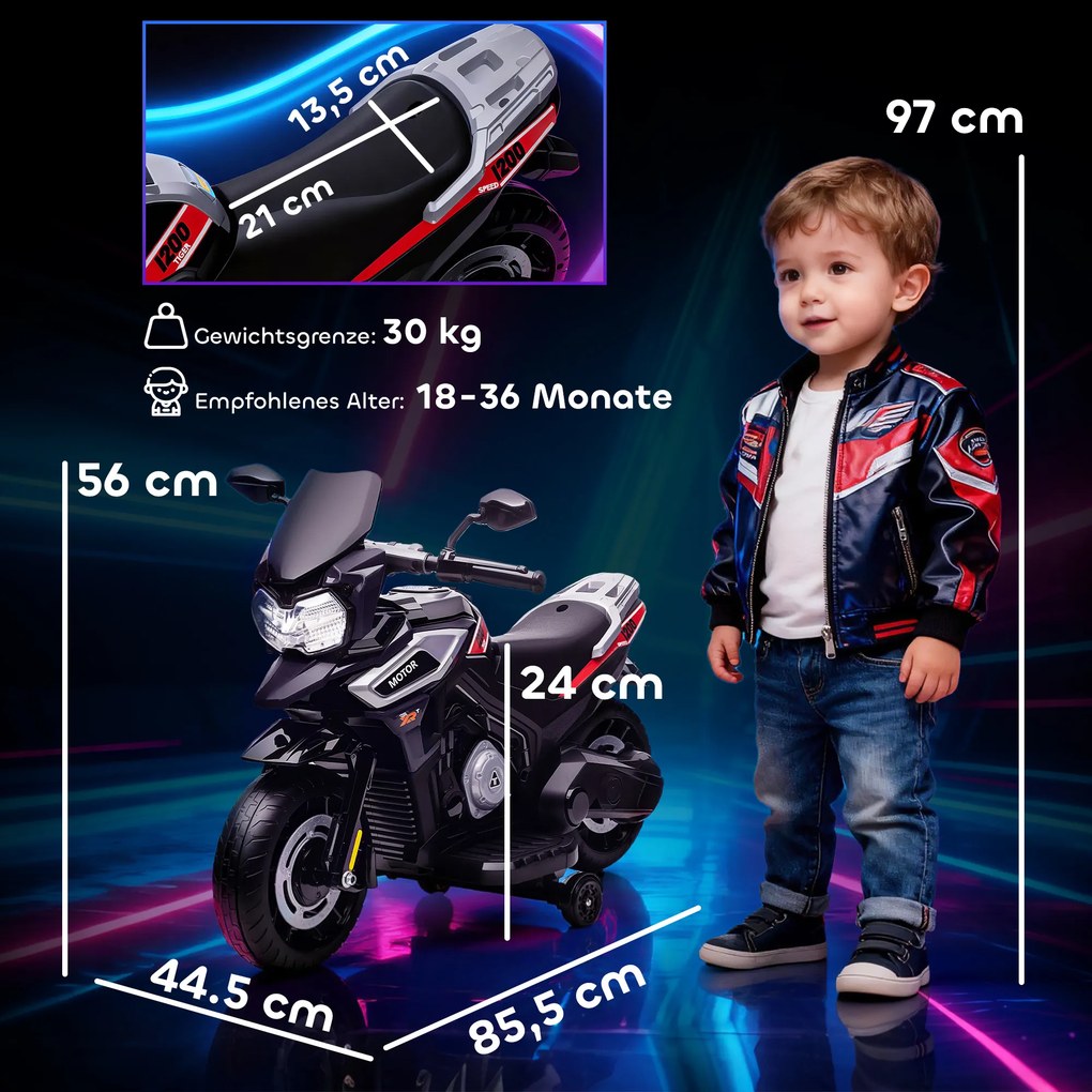 AIYAPLAY Elektryczny motocykl dla dzieci 18-36 miesięcy, pojazd do siadania, kółka pomocnicze, światła, muzyka, tworzywo sztuczne, stal, Schwarz