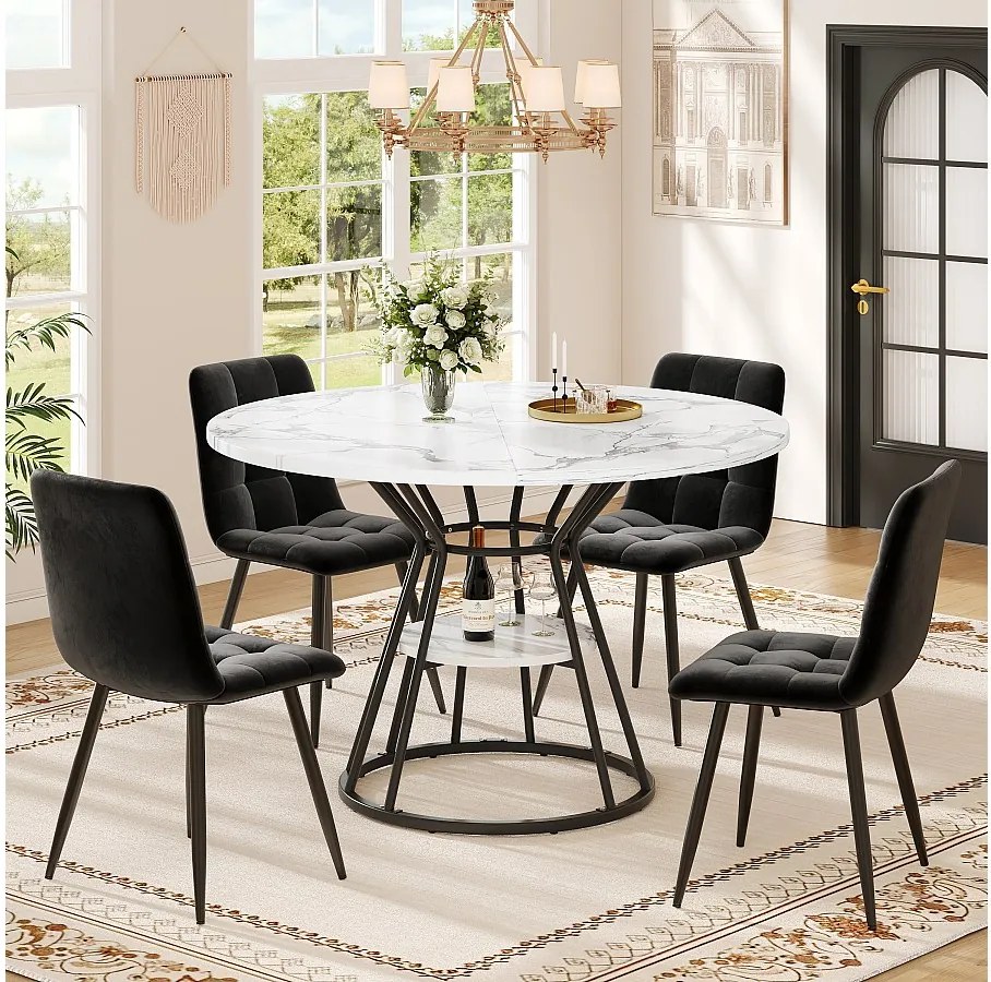 Zestaw 5 stołów i krzeseł do jadalni - 100 x 100 x 76 cm - 4 aksamitne krzesła + stół ze czarnymi nogami - MDF + Metal - czarny