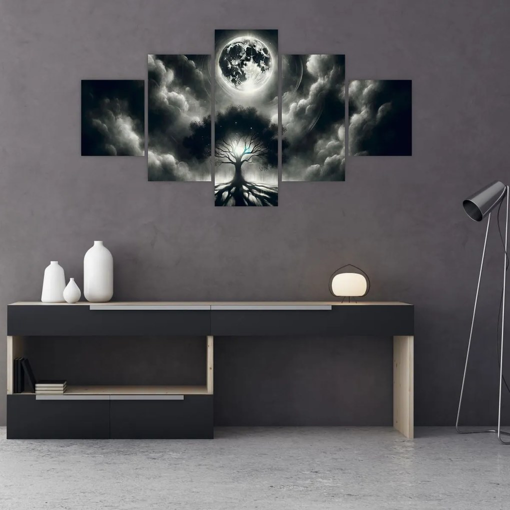 Obraz – Czarno-białe drzewo w pełni księżyca (125x70 cm)
