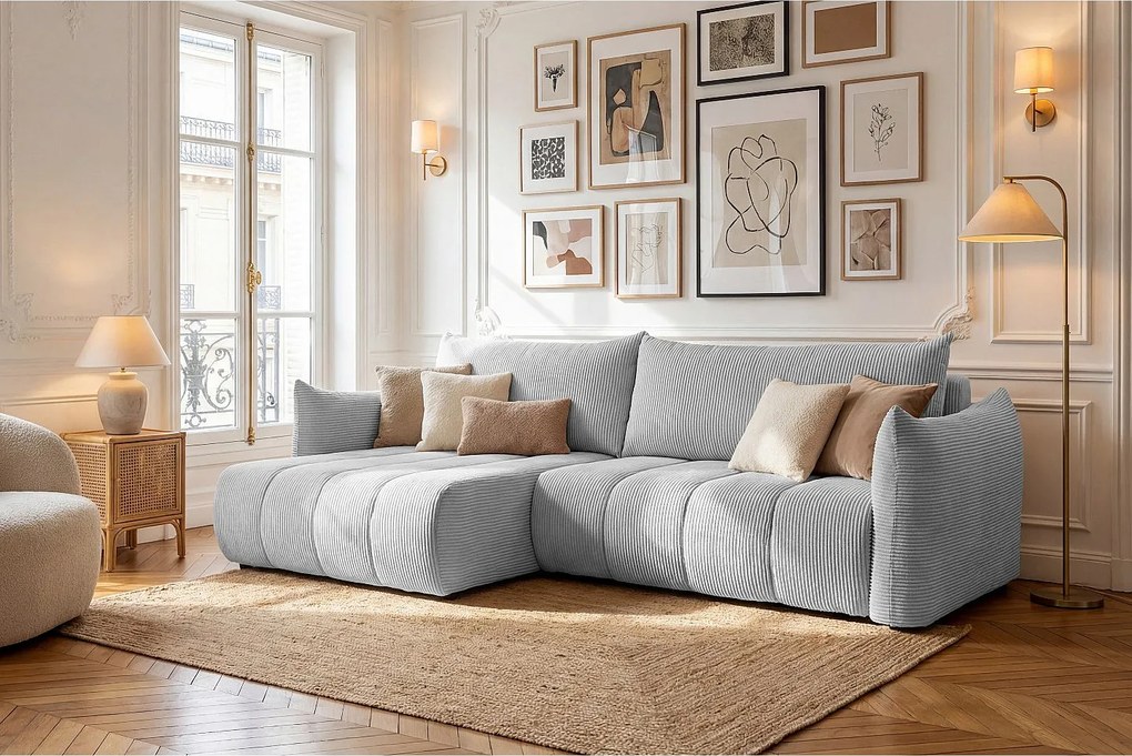 Narożnik Flo, z funkcją spania, do salonu, tkanina Poso, jasnoszary (55)