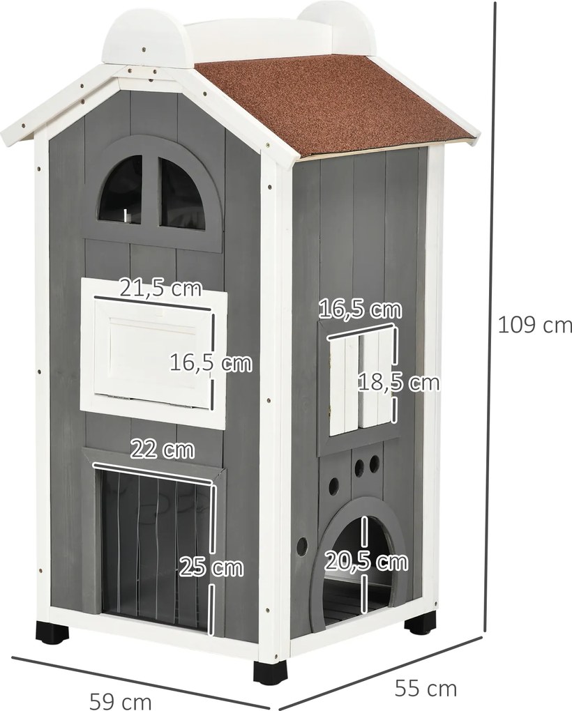 Pawhut® domek budka dla kota 2-piętrowa willa dach asfaltowy lite drewno szary 59 x 55 x 109 cm