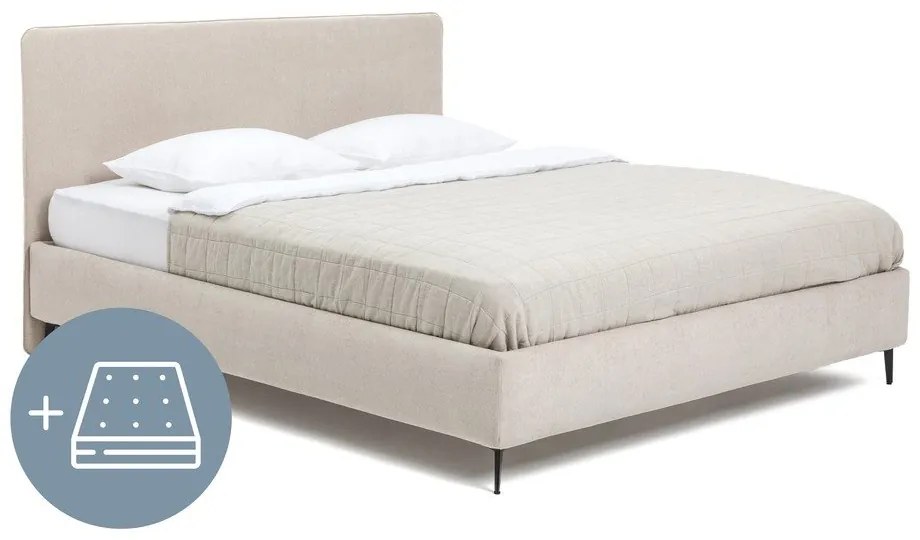 Beżowe tapicerowane łóżko dwuosobowe z materacem i stelażem 180x200 cm Noira Slim – Bonami Selection