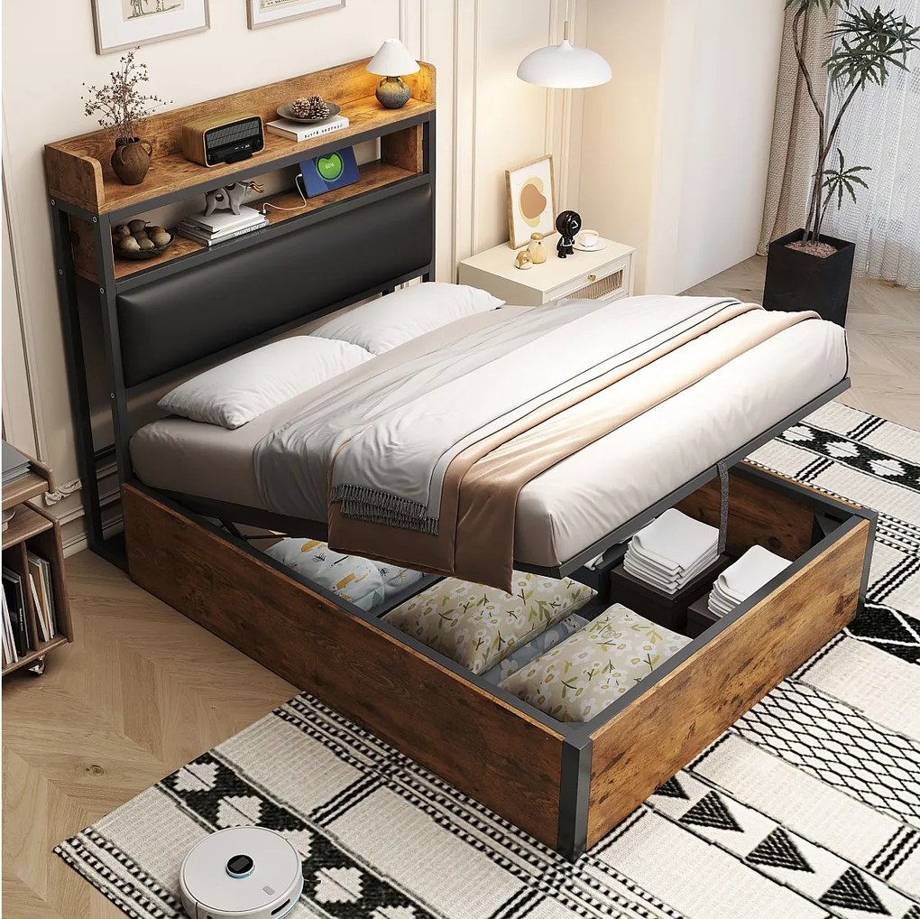 Łóżko 90 x 200 cm z pojemnikiem - Łóżko pojedyncze z zagłówkiem z funkcją ładowania USB i schowkiem - Czarne drewno