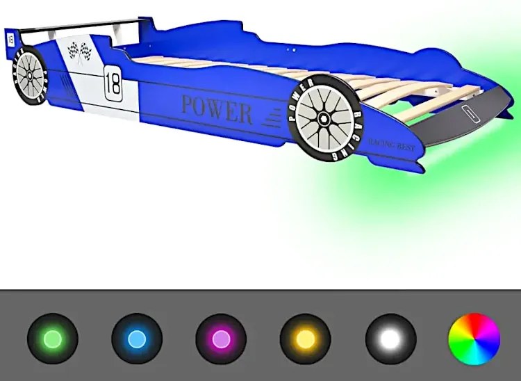 Niebieskie łóżko dziecięce auto z lampkami LED 90x200 - Dina
