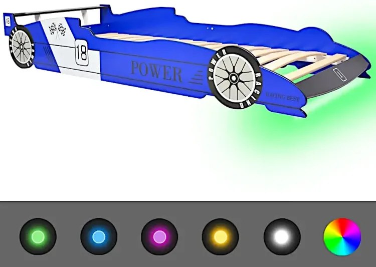 Niebieskie łóżko dziecięce auto z lampkami LED 90x200 M1-T68