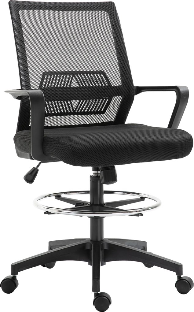 Vinsetto Krzesło biurowe, regulowane krzesło biurkowe z podnóżkiem, oparcie z siatki, na kółkach, tworzywo sztuczne, Czarne