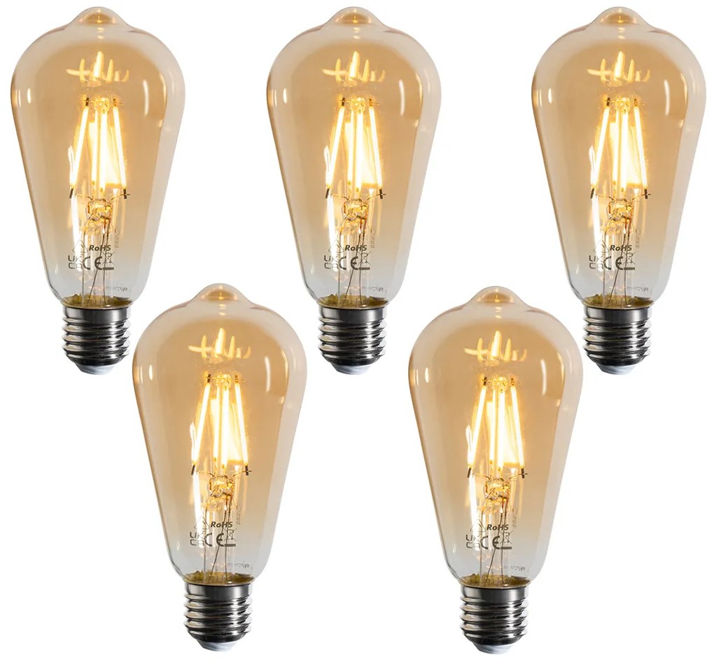 Zestaw 5 ściemnialnych żarówek LED E27 filamentowych ST64 Złote 4,5W 450 lm 2200K