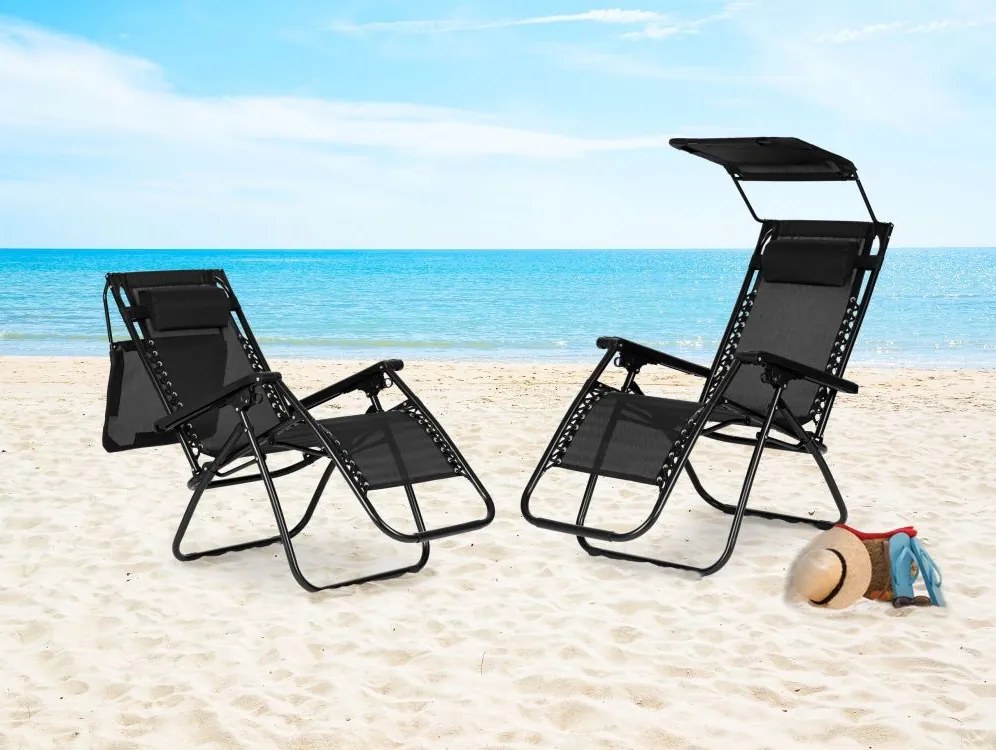 Składany leżak ogrodowy z regulowanym daszkiem Corfu 009, czarny