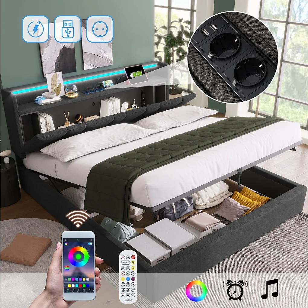 Łóżko z pojemnikiem 140 x 200 cm i zagłówkiem ze schowkiem - Oświetlenie LED i ładowanie przez USB - Tkanina lniana - Szary