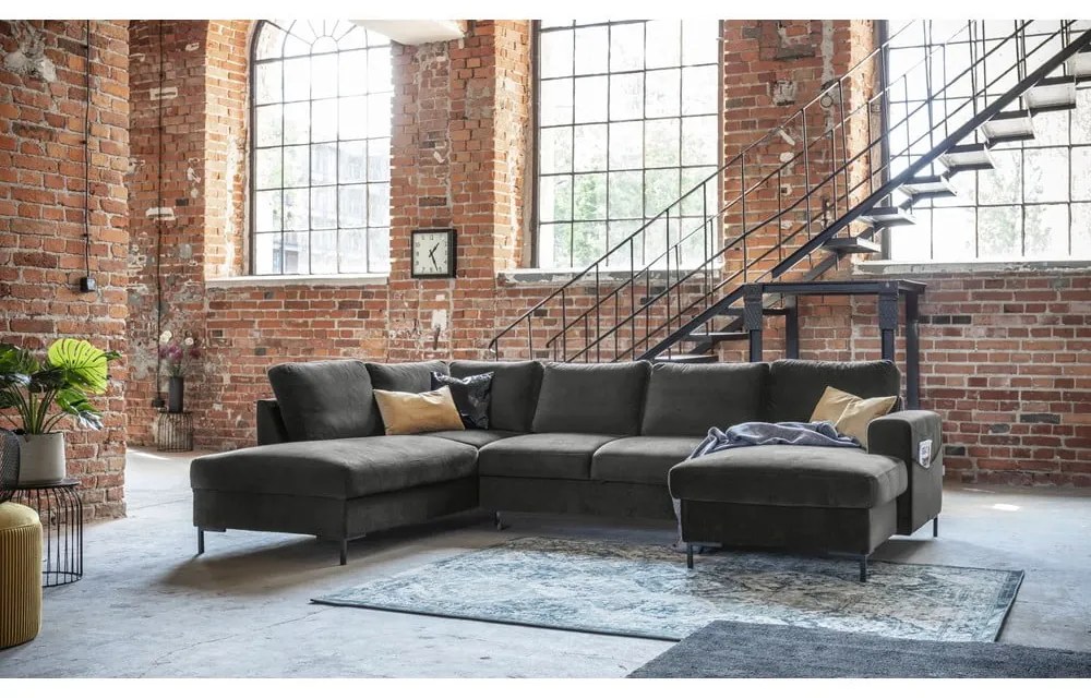 Ciemnoszara aksamitna rozkładana sofa w kształcie litery "U" Miuform Lofty Lilly, lewostronna