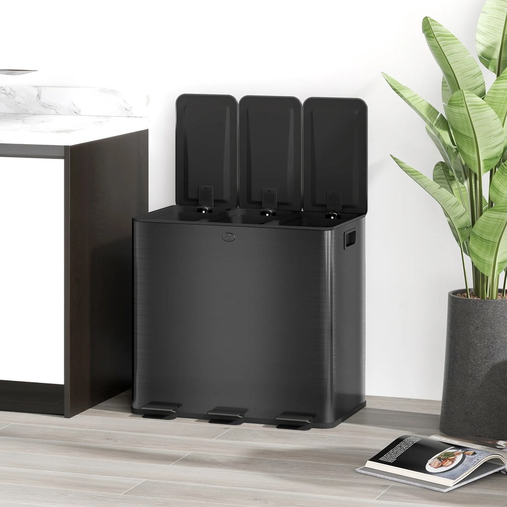 HOMCOM Kosz na śmieci z 3 komorami 15L, pokrywy z odświeżaczem, odporny na odciski palców, ciche zamykanie, wyjmowane, Czarny