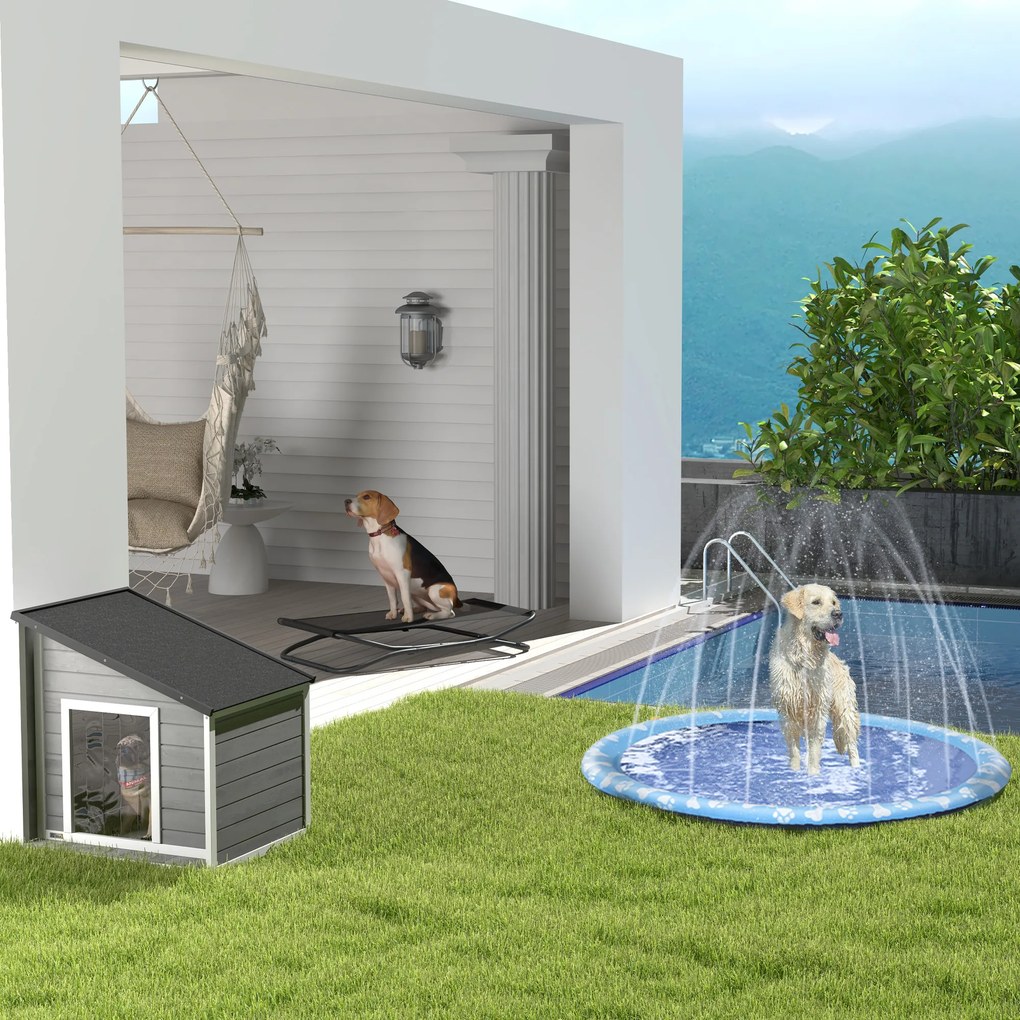 PawHut Domek dla psa z drewna sosnowego, odporny na warunki atmosferyczne, dach asfaltowy, 71 cm x 58 cm x 77 cm, Szary + Biały