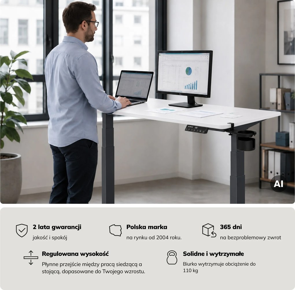 Biurko elektryczne z regulacją wysokości ergonomiczne antracytowo-białe, 1400x700 mm: ARIA
