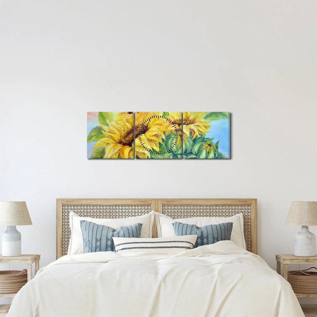 Obraz kwitnących słoneczników (z zegarem) (90x30 cm)