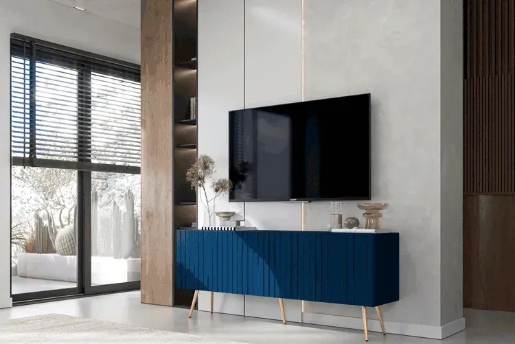 Granatowa lamelowa szafka pod TV glamour - Filo 14X