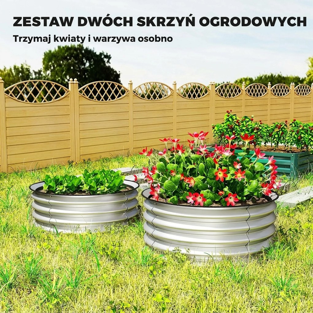 Outsunny Zestaw 2 Wysokich Grządek Ogrodowych, Modularne, 2 Sztuki, Bez Dna, Ø60 x 30 cm. Srebrny