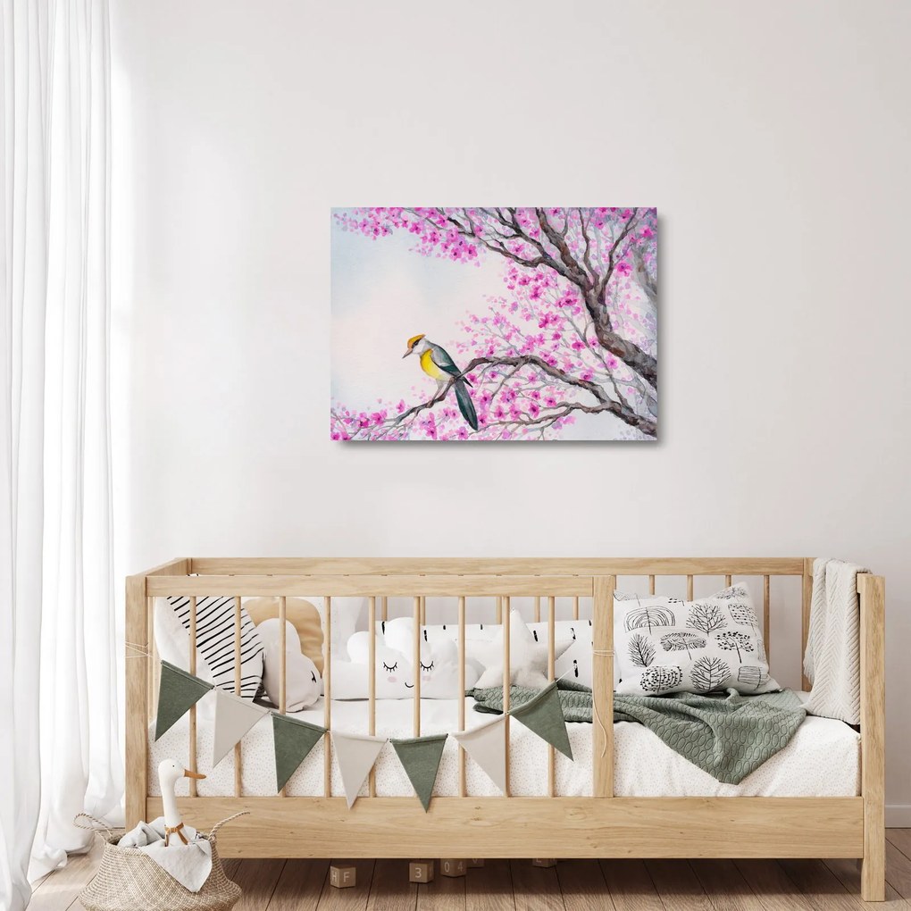 Obraz na szkle - ptak na drzewie z różowymi kwiatami (70x50 cm)