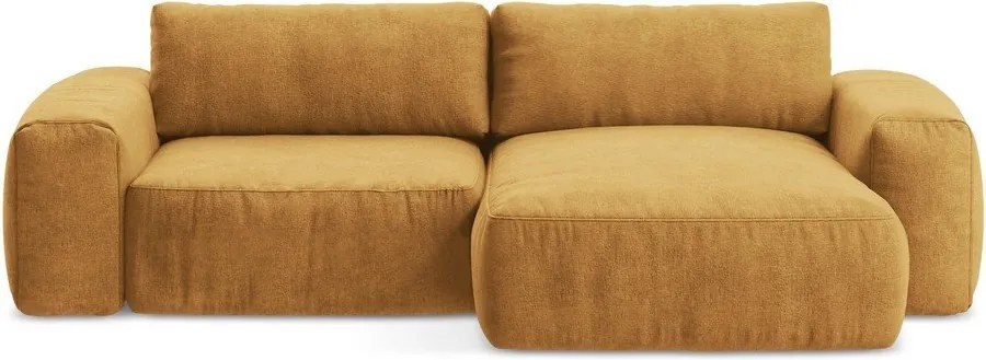 Musztardowy rozkładany narożnik z tkaniny szenilowej (prawostronny/z szezlongiem) Kuki – Makamii