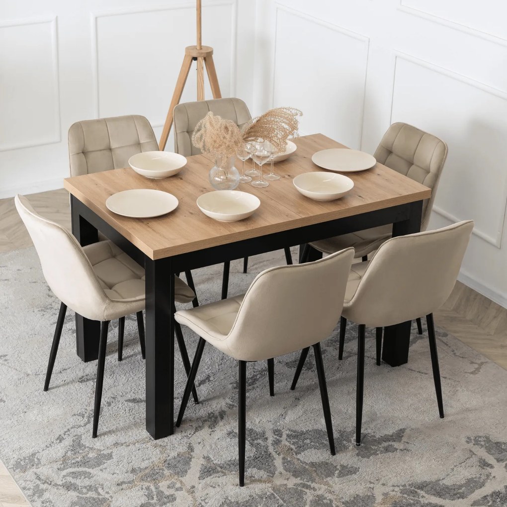 Zestaw Stół Rozkładany SKUBI 120-160 cm Dąb Craft/Czarny i 6 Krzeseł Tapicerowanych CHRIS Beżowych Nowoczesnych