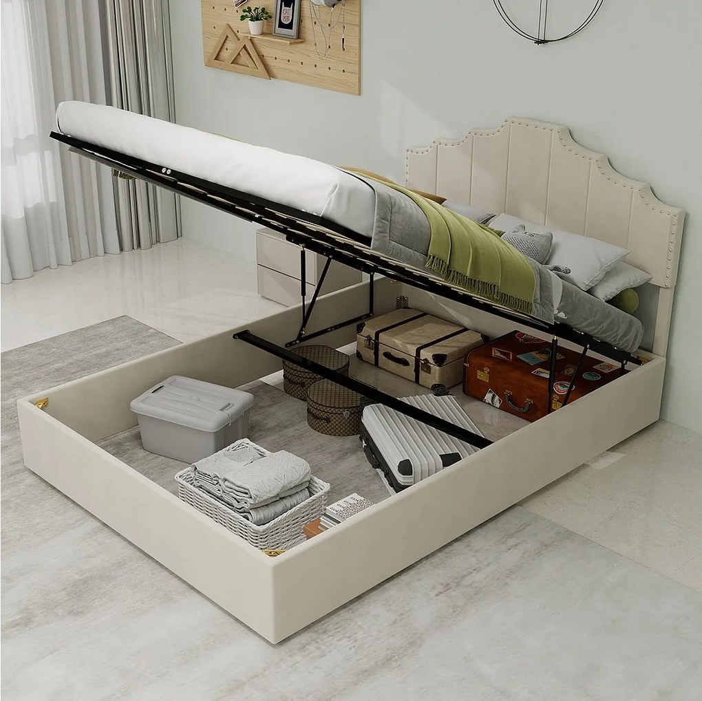 Łóżko z pojemnikiem 140x200 cm, łóżko dla dorosłych z miękkim zagłówkiem i stelażem - aksamit - beżowe (bez materaca)