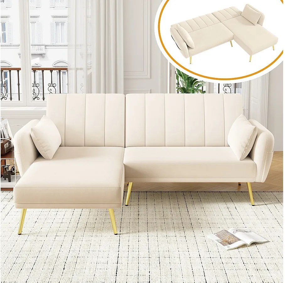 Sofa 3-osobowa z bocznymi kieszeniami i regulowanym oparciem, złote nogi - beżowy welur