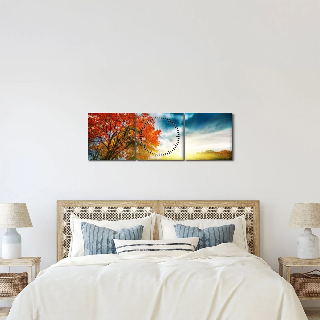 Obraz skąpanego w słońcu krajobrazu (z zegarem) (90x30 cm)