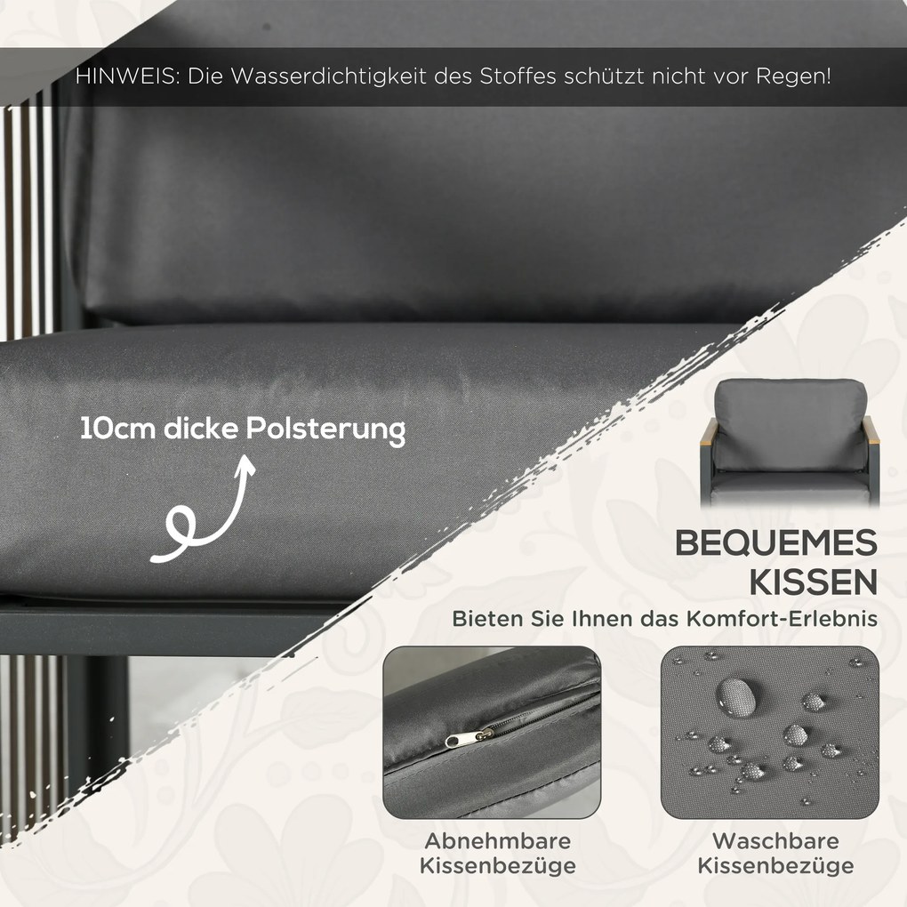 Outsunny Zestaw mebli ogrodowych, 3-częściowy, z poduszkami, dekoracją drewna, antyrdzewna metalowa rama, Szary