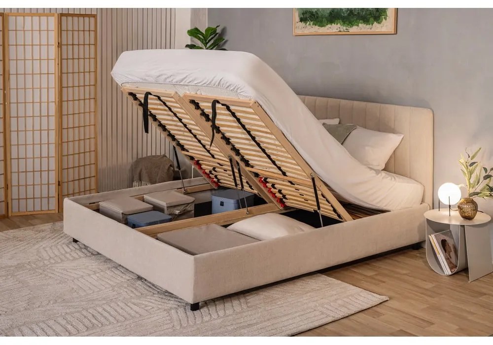Beżowe tapicerowane łóżko dwuosobowe c 160x200 cm Myra Slim Line – Bonami Selection