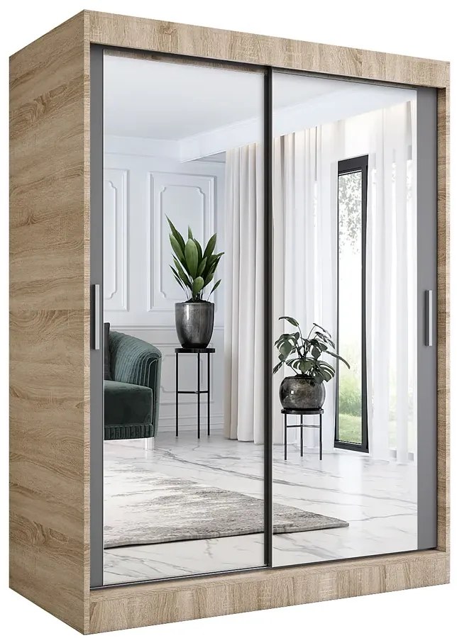 Szafa przesuwna z lustrem 150 cm dąb sonoma + antracyt - Kukkin 4X