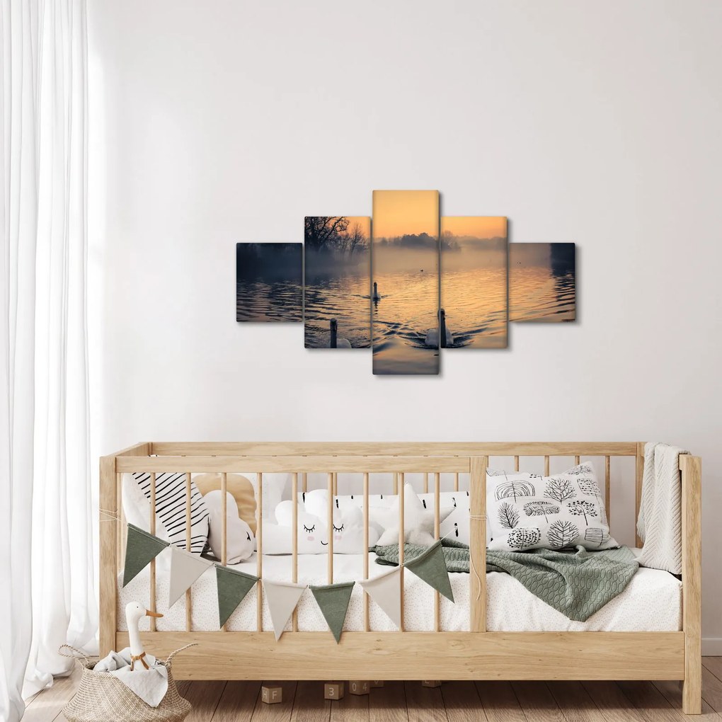 Obraz łabędzi na wodzie we mgle (125x70 cm)