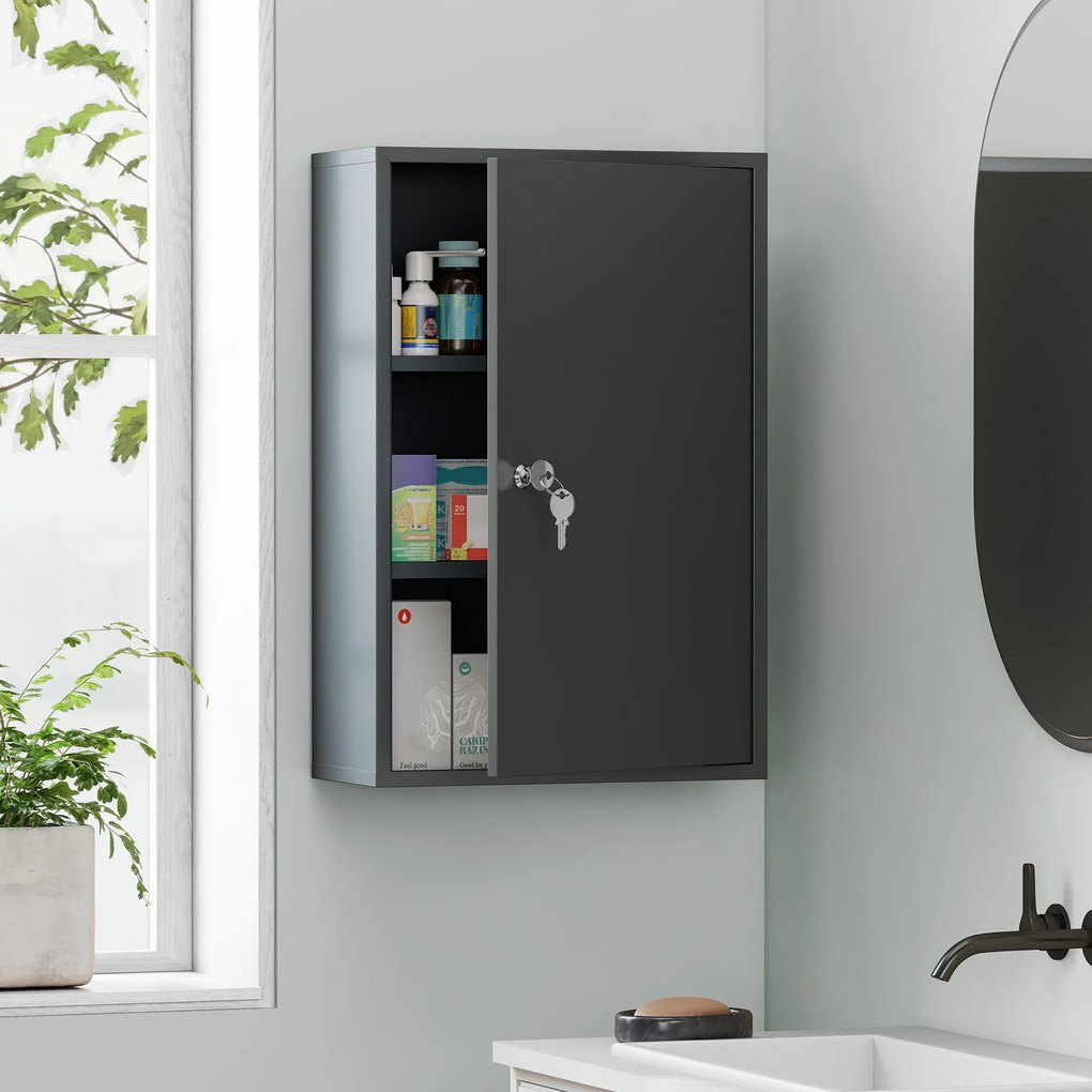 kleankin Wisząca szafka na leki, szafka łazienkowa z 3 półkami, 2 kluczami, 40 x 18 x 60 cm, szary | Aosom PL