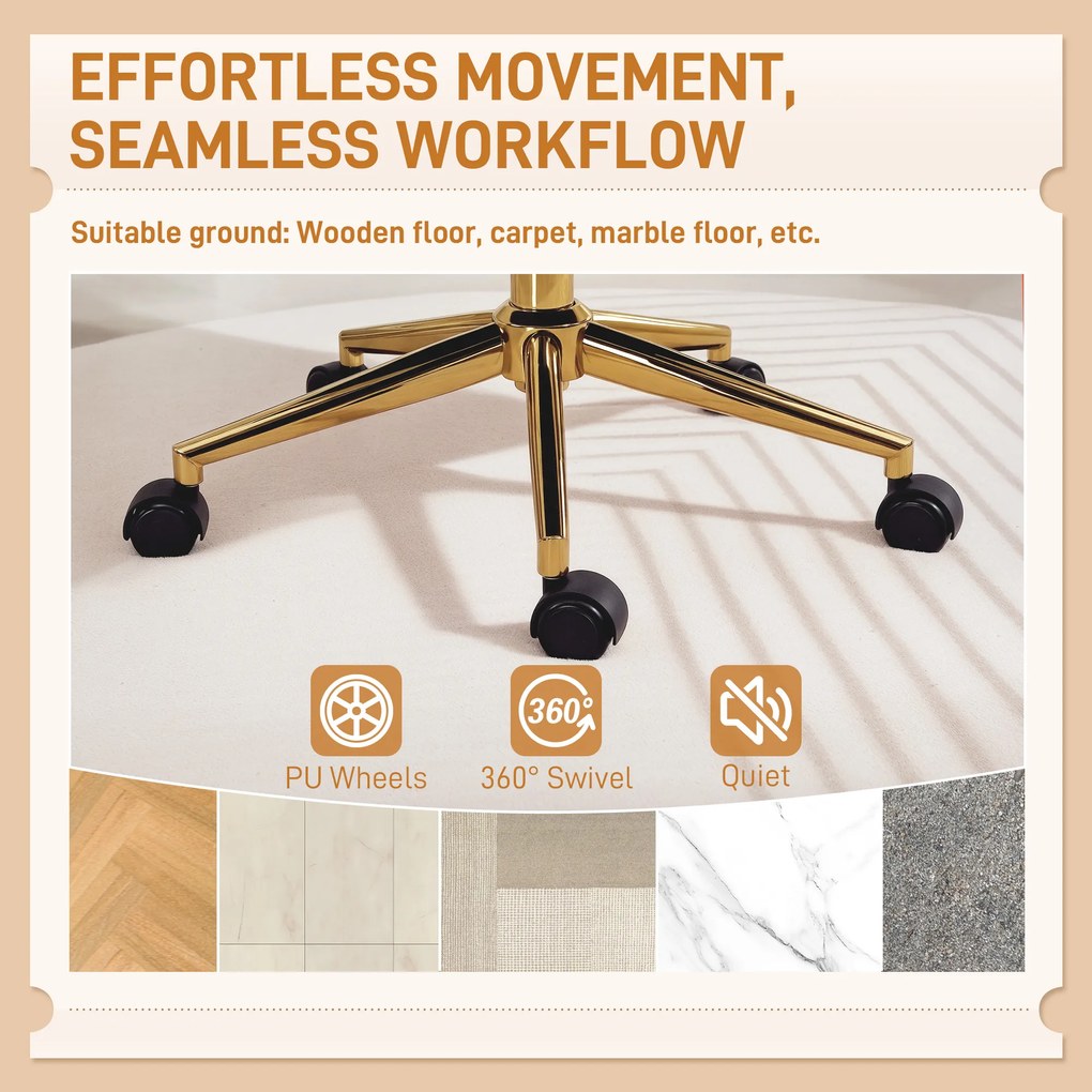 HOMCOM Krzesło Biurowe na Kółkach z Obiciem w Aksamit, Regulacja Wysokości, Funkcja Bujania, Kremowy