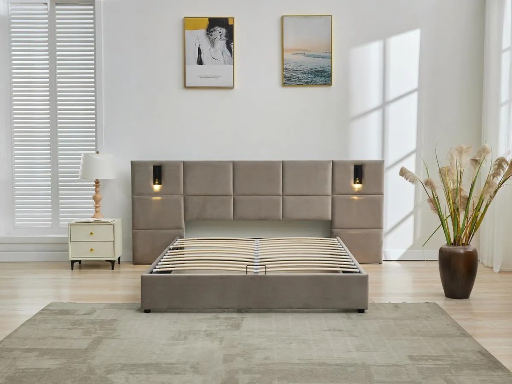 Łóżko ze skrzynią i zagłówkiem z wbudowanymi lampkami 180 x 200 cm - Welur - Taupe - SARETO