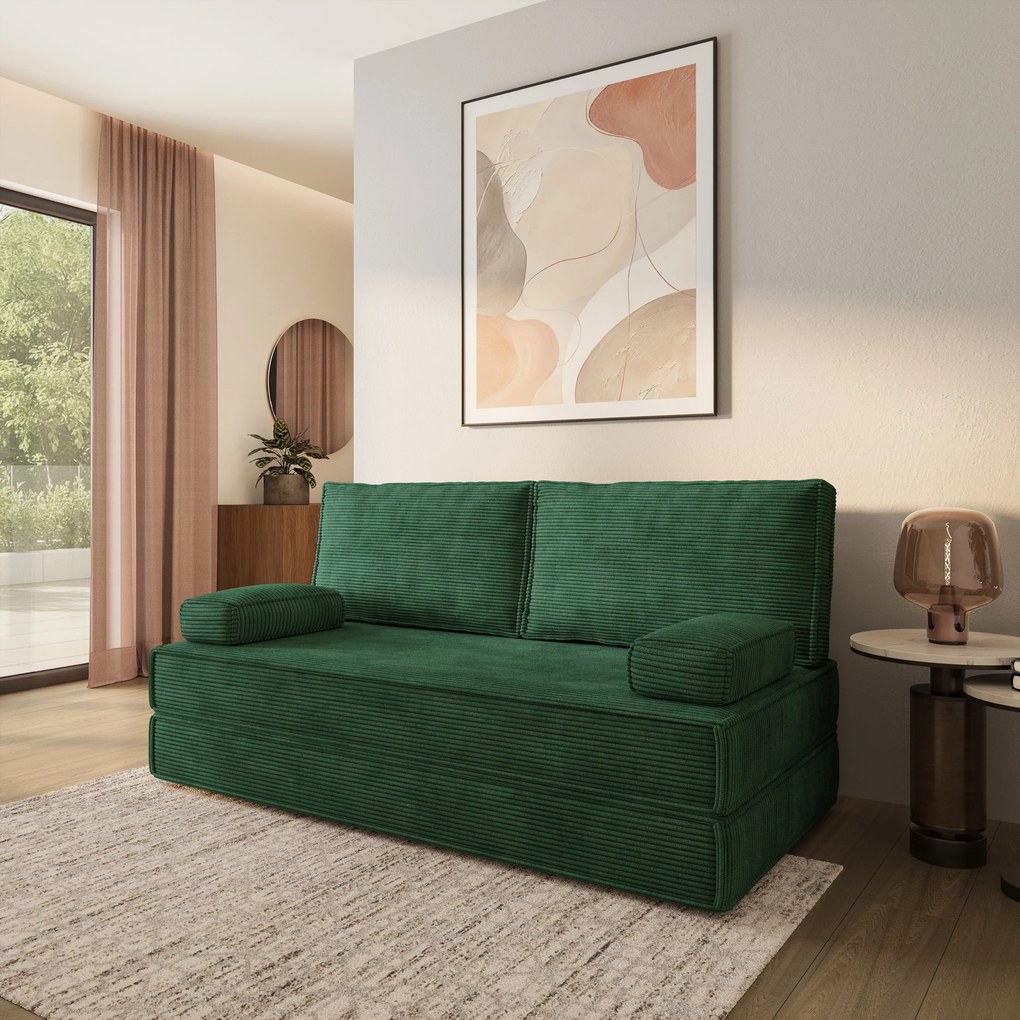 Masseno Sofa piankowa SILAR z funkcją spania, Kanapa z pianki do salonu, Bezmontażowa, Tkanina sztruksowa – Zielony POSO 14