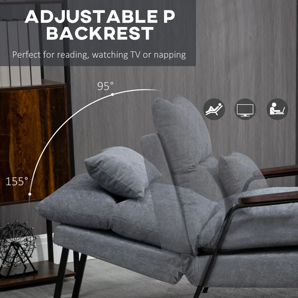 HOMCOM Fotel z Ottomaną Tapicerowany Fotel Relaksacyjny, w zestawie Poduszka, 68 cm x 91,5 cm x 88 cm, Jasnoszary