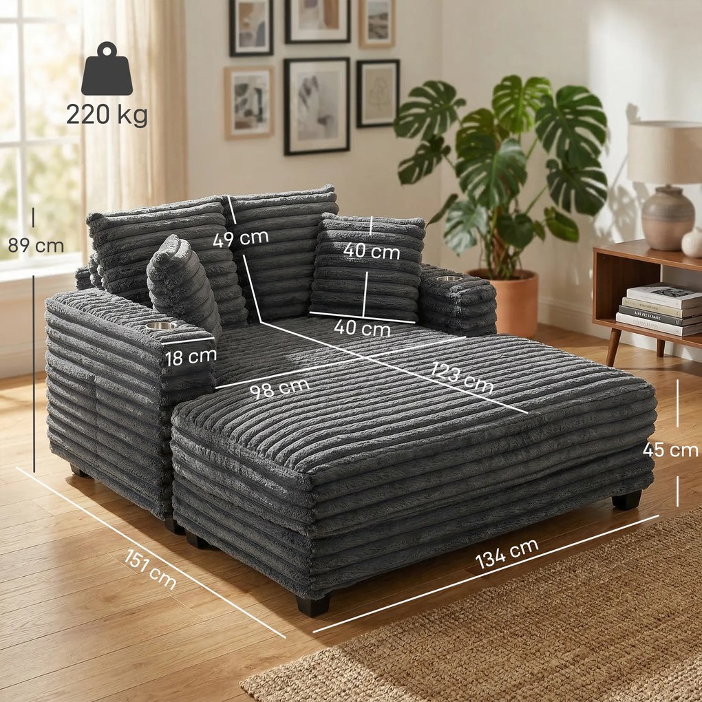 HOMCOM Szezlong 2-osobowy, sofa z funkcją spania 134 x 151 cm z uchwytami na napoje, do salonu, szara | Aosom PL