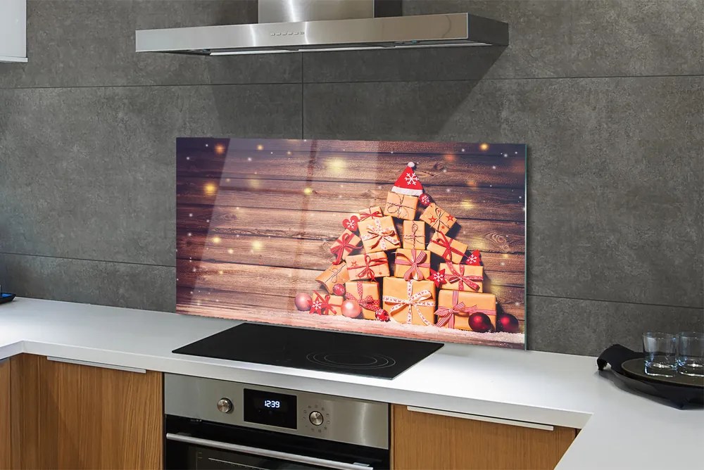 Panel szklany do Kuchni Świąteczne Prezenty na Drewnie