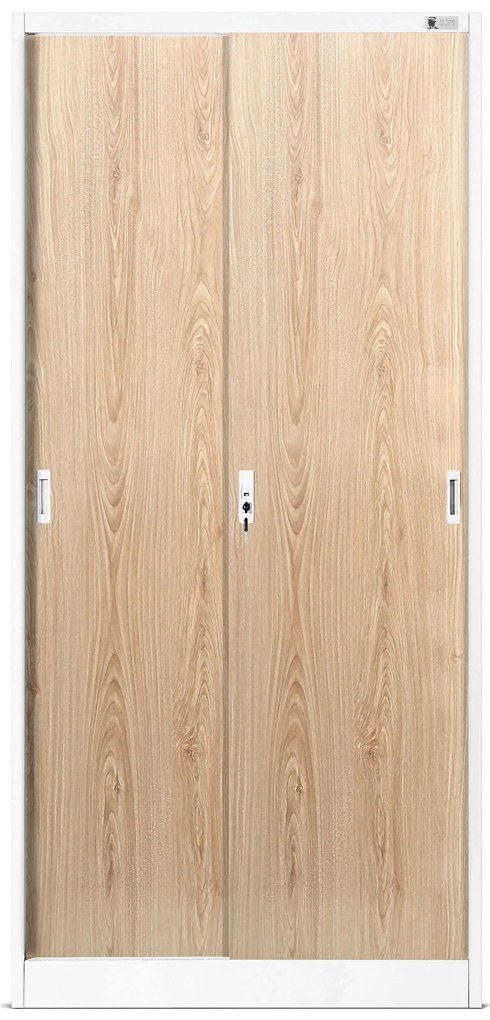 Biurowa szafa metalowa z drzwiami przesuwnymi KUBA, 900 x 1850 x 400 mm, Eco Design: biała/ dąb sonoma