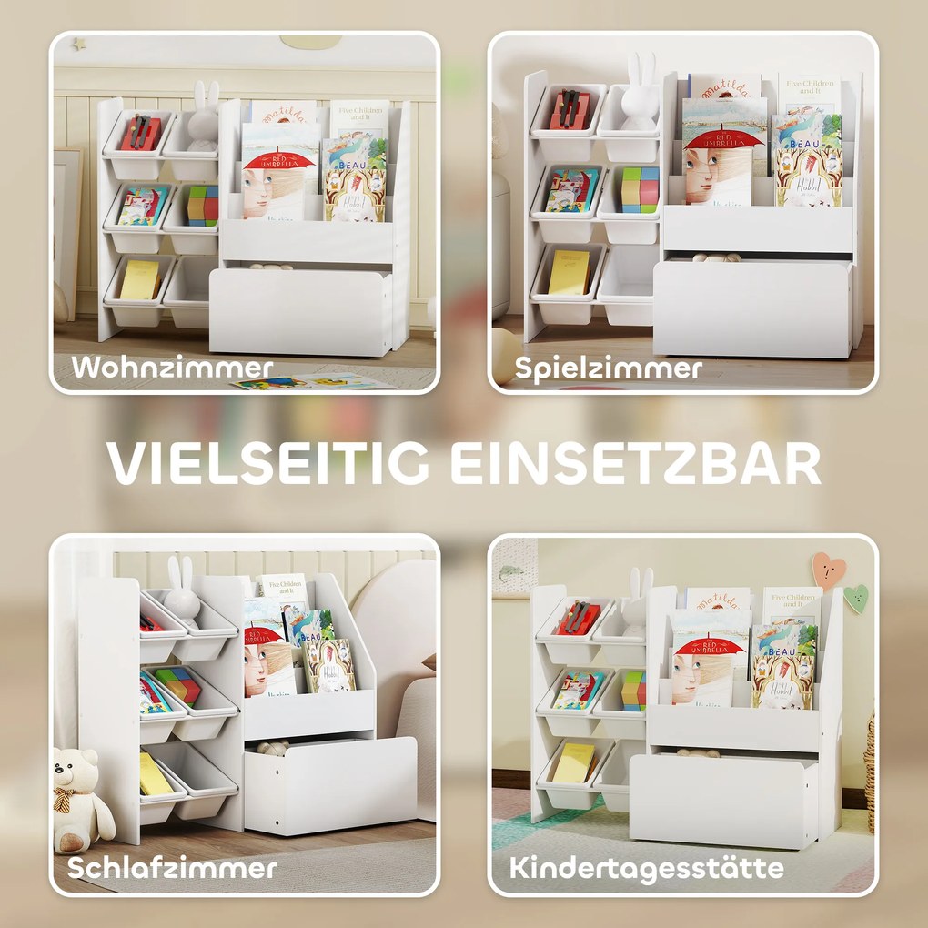 AIYAPLAY Regał na zabawki, regał do pokoju dziecięcego z 6 pojemnikami, półka na książki, rolowany pojemnik, 100 x 30 x 80 cm, MDF, stal, Biały