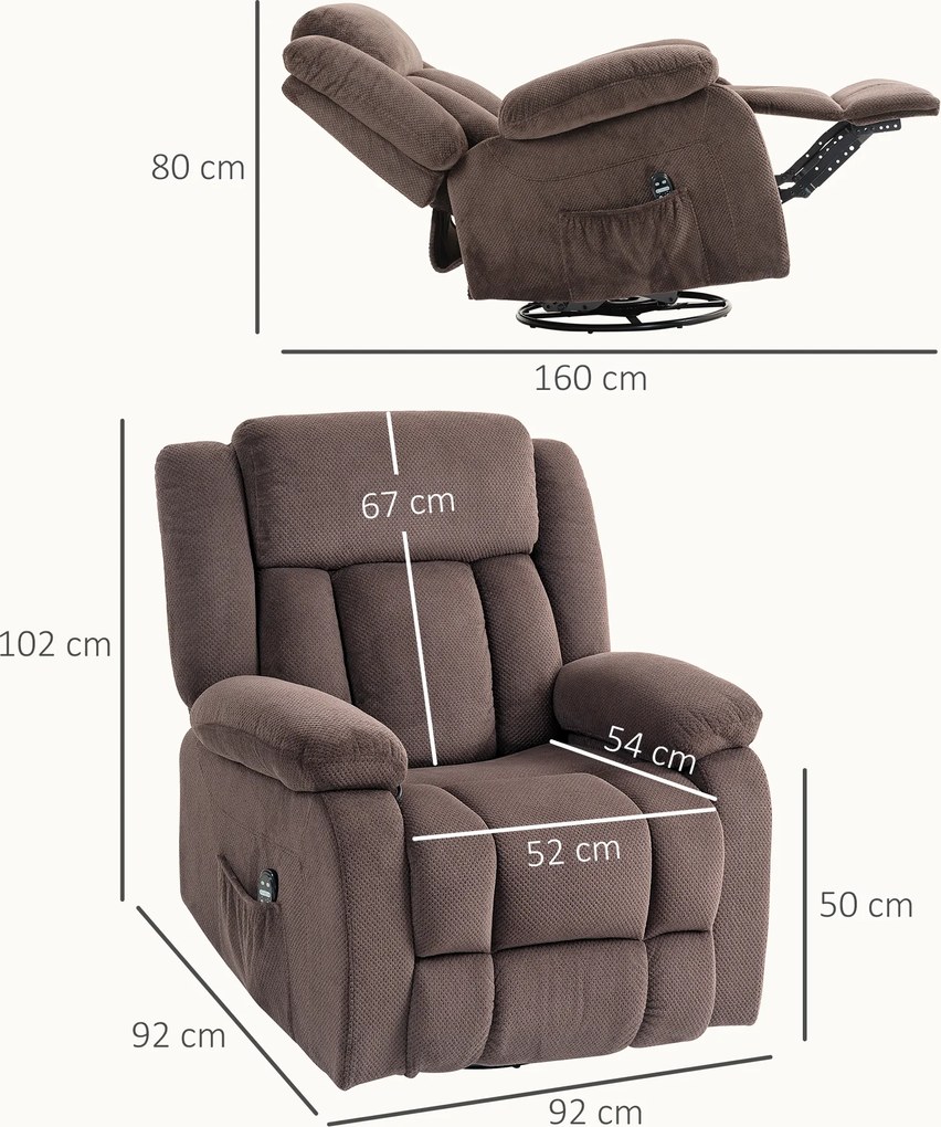 HOMCOM Fotel masujący, 8 punktów wibracyjnych, 5 trybów, ogrzewanie lędźwiowe, regulowany, obrotowy, tapicerowany fotel, brązowy