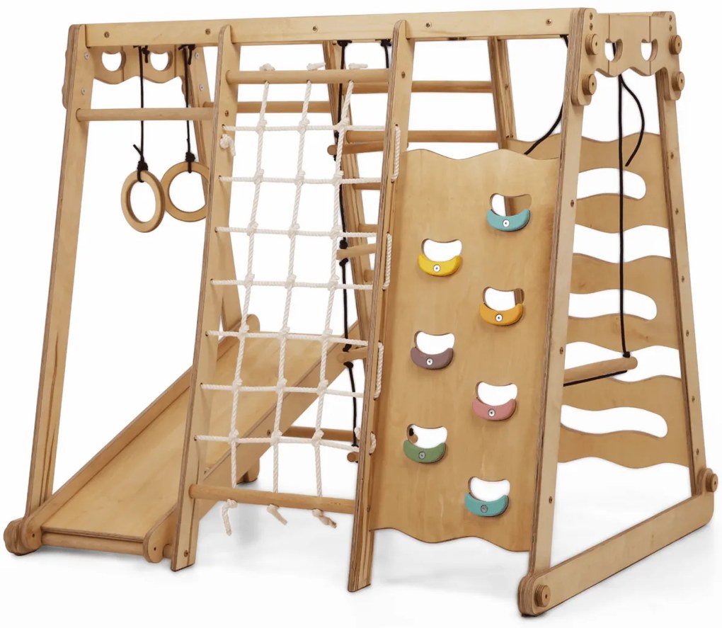 Drewniany plac zabaw dla dzieci 6w1: plac zabaw + zestaw huśtawek + zjeżdżalnia + lina + schody