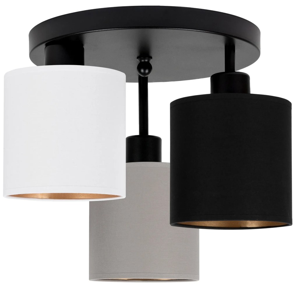 Lampa sufitowa czarna trzypunktowa z szaro-czarno-białymi abażurami C-