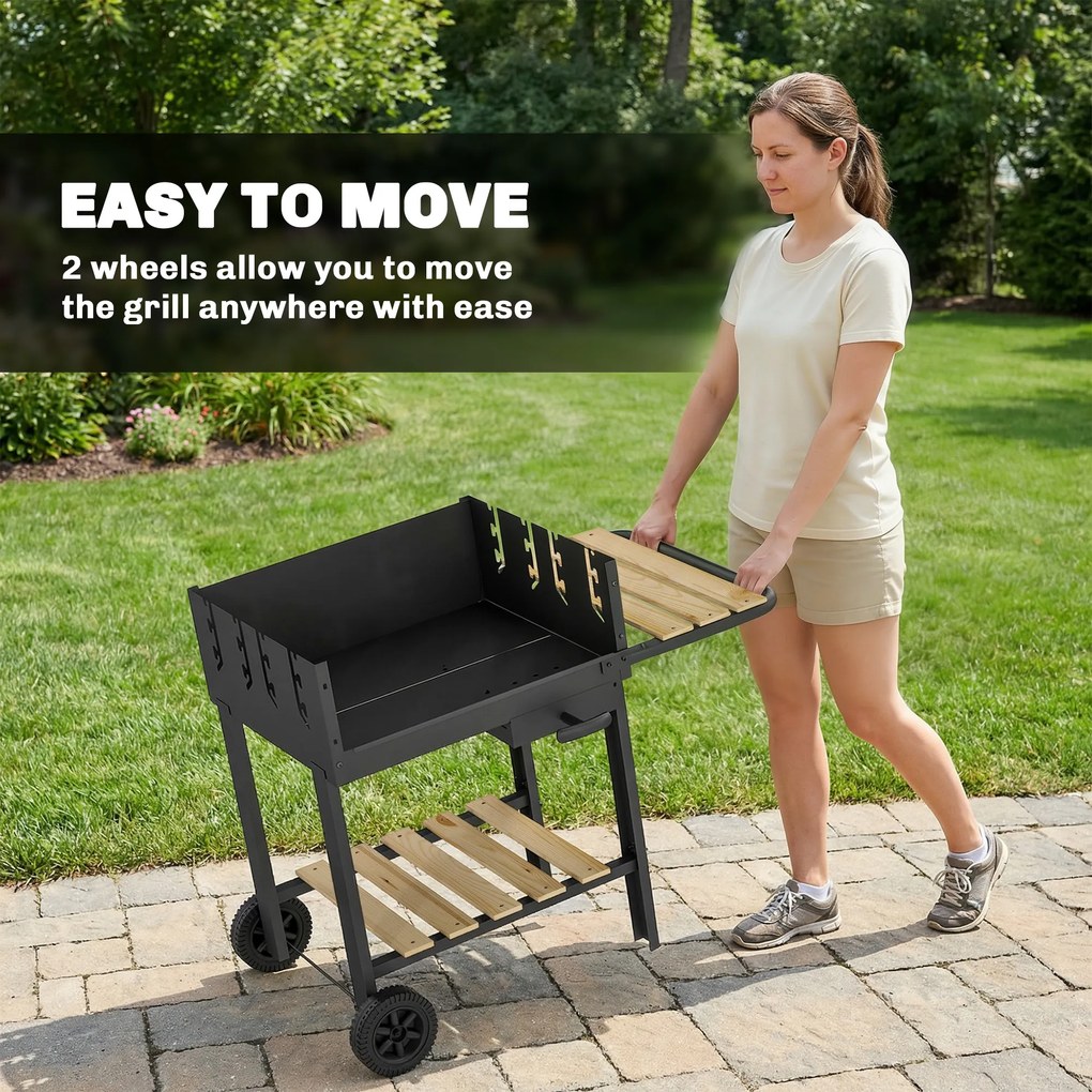 Outsunny Grill na węgiel drzewny z 4-stopniową regulacją wysokości rusztu, 2 drewniane półki, 2 kółka, tacka na popiół, 99,5 x 58 x 82 cm | Aosom PL