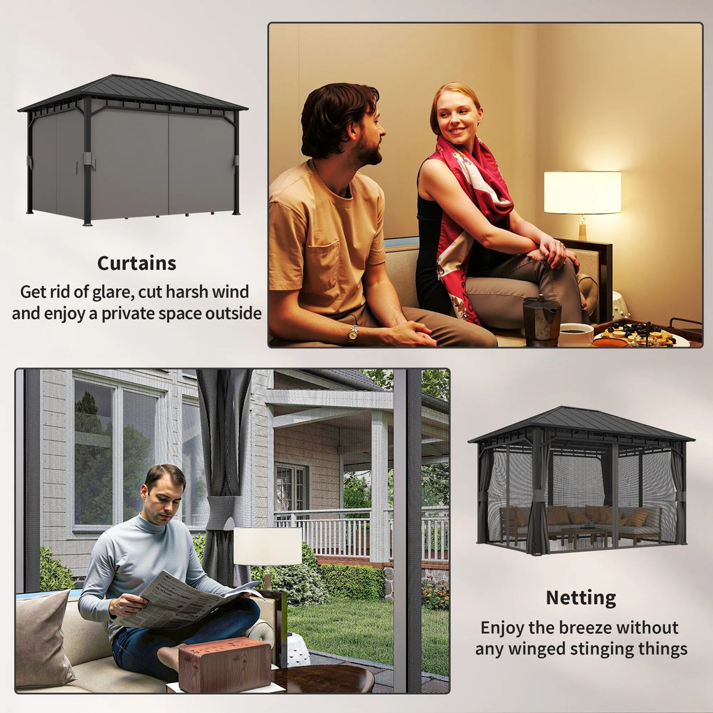 Outsunny Pawilon Ogrodowy, Metalowy Pawilon, Wodoodporny, UV-odporny, Pawilon Tarasowy z Siątkową Ścianą i Zasłonami, Ciemnoszary