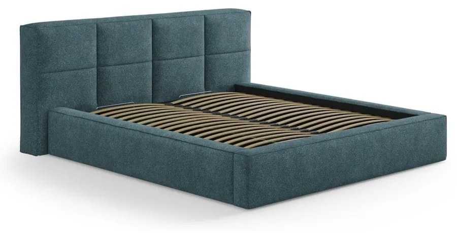 Niebieskie tapicerowane łóżko dwuosobowe ze schowkiem i stelażem 180x200 cm Simon – Micadoni