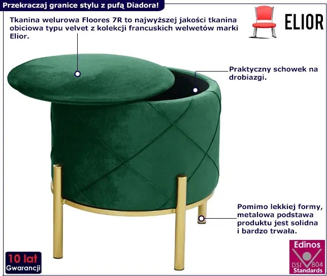 Okrągła pufa na złotych nóżkach butelkowa zieleń H4-E39