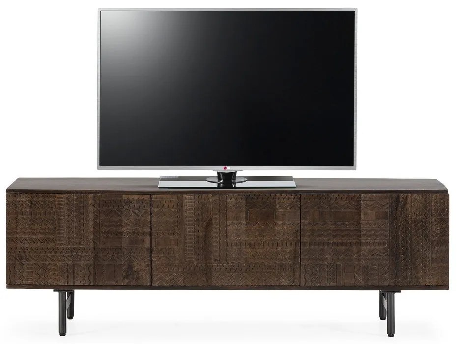 Ciemnobrązowa szafka pod TV z litego drewna mango 145x48x40 cm Kalai – MOME