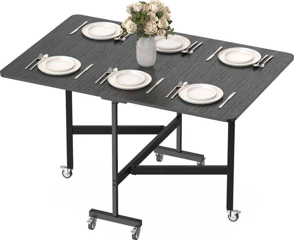 HOMCOM Składany Stół Jadalniany dla 4-6 Osób z 6 Kółkami Mobilny Stół do Małych Przestrzeni 120x80x73 cm Czarny | Aosom PL