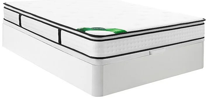 Zestaw 140 x 190 cm: stelaż skrzyniowy w białym kolorze + materac z 7-strefowymi sprężynami kieszeniowymi, wbudowanym topperem i pokrowcem bambusowym o grubości 26 cm – MIREZA od NATUREA