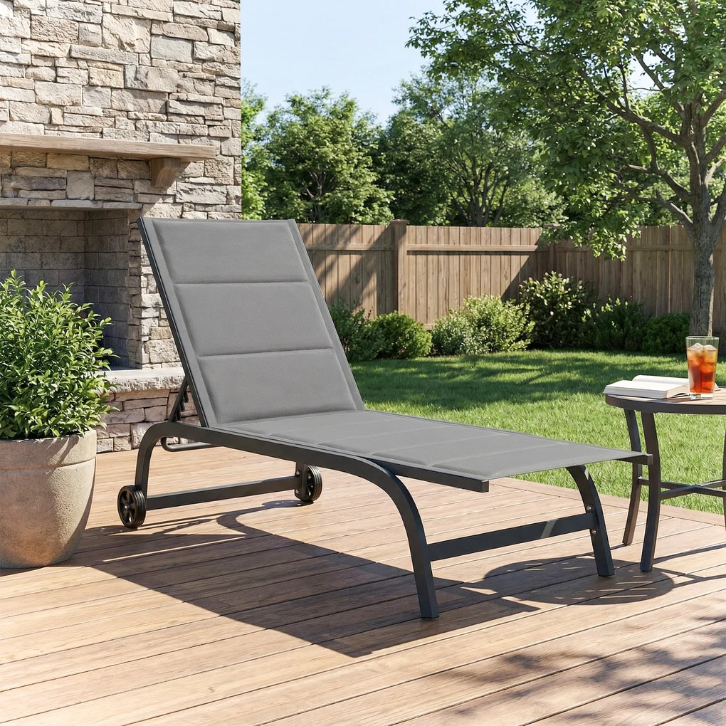 Outsunny Leżak oddychający ogrodowy z 6-stopniową regulacją oparcia, kółkami, aluminiową ramą, ciemnoszary | Aosom PL
